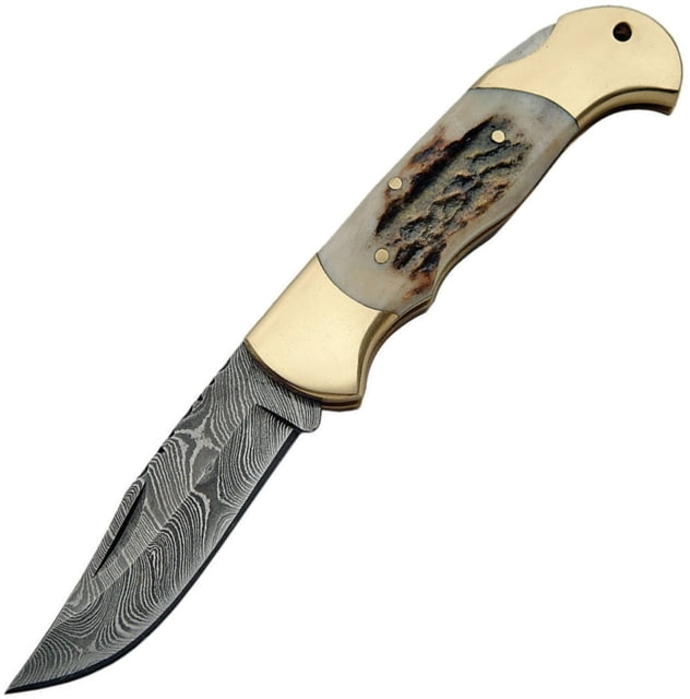 Damascus Lockback Stag Folding Knife 3.25in Damascus Steel Clip Point Blade Stag Bone - Damascus