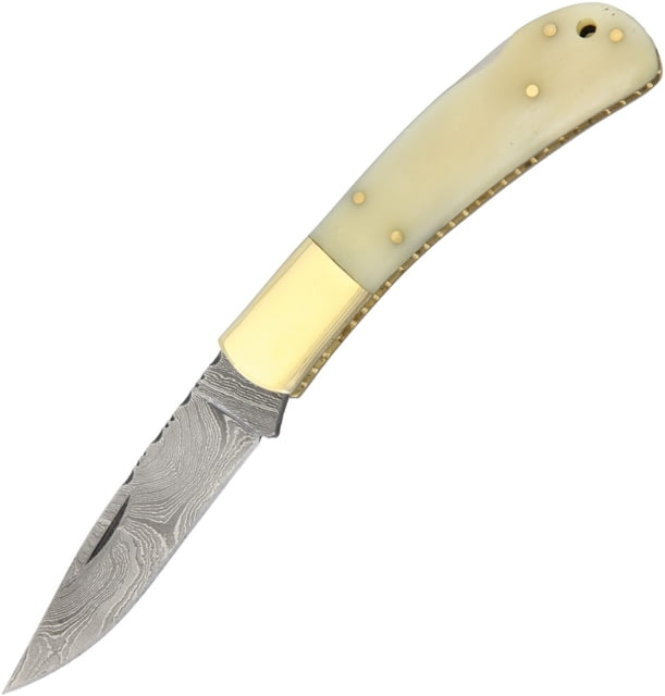 Damascus Lockback White Bone Folding Knife 3in Damascus Steel Blade White Smooth Bone - Damascus