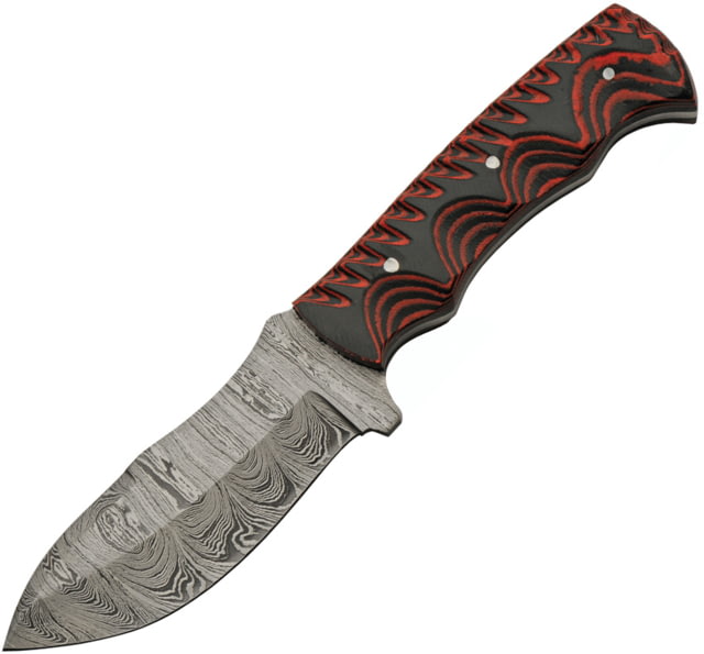 Damascus Magma Hunter Drop Point 4.50 in Fixed Blade Knife Black and red grooved micarta
