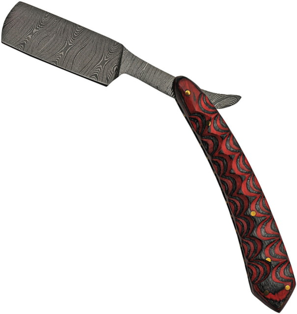 Damascus Razor Folder Red Wood Folding Knife 2.5" Damascus steel blade Black and red sculpted pakkawood handle - Damascus