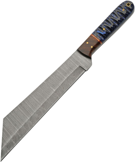 Damascus Seax Blue Fixed Blade Knife 13.75in Overall 8.75in Damascus Steel Blade Black/Blue Sculpted Wood Handle Brown Leather Belt Sheath - Damascus