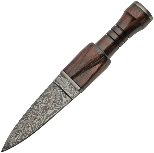 Damascus Sgian Dubh Wood Sheath Knife 9.25in Overall 4.5in Double Edge Damascus Steel Dagger Blade Rosewood Handle Rosewood And Leather Sheath - Damascus
