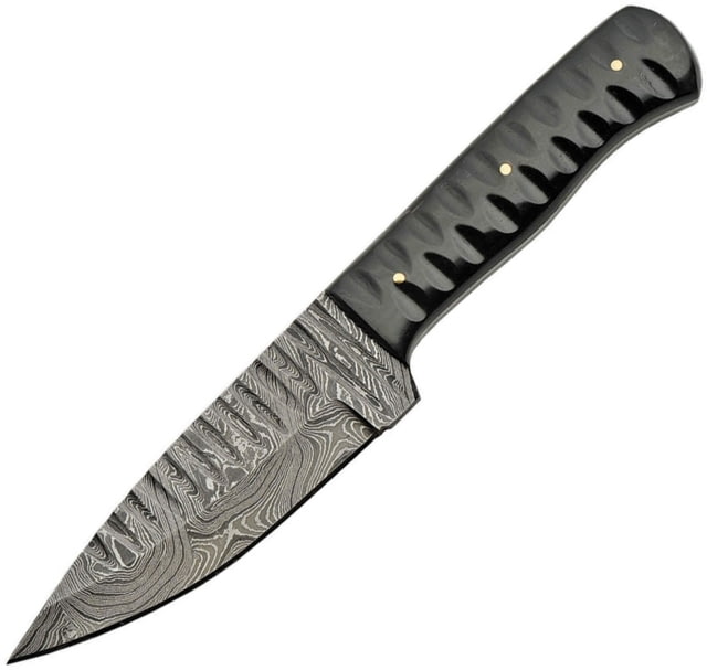 Damascus Sharktooth Fixed Blade Horn Knife 9in Overall 4.5in Damascus Steel Blade Sculpted Horn Handle Brown Leather Sheath - Damascus
