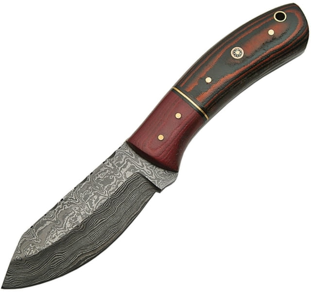 Damascus Skinner Burgundy Micarta Knife 8.5in Overall 4in Damascus Steel Blade Canvas Micarta Handle Burgundy Handle Brown Leather Sheath