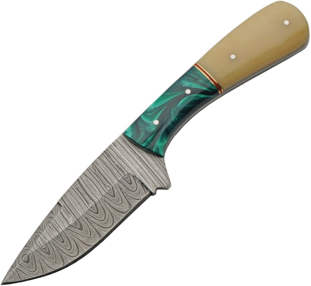 Damascus Camel Bone Skinner Knife 8.5in Overall 4in Damascus Steel Blade Camel Bone/Green Acrylic Handle Brown Leather Belt Sheath