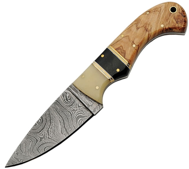 Damascus Skinner Damascus Knife 8in Overall 3.5in Damascus Steel Blade Bone Horn Olive Wood Handle Brown Leather Sheath - Damascus