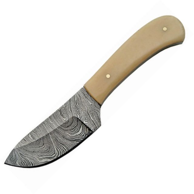 Damascus Skinner Knife w/ White Smooth Bone - Damascus