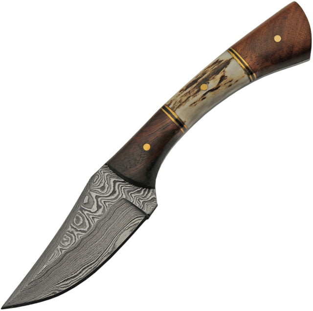 DEMO Damascus Skinner Stag Bone Knife 3" Damascus steel skinner blade Stag bone and brown wood handle - Damascus