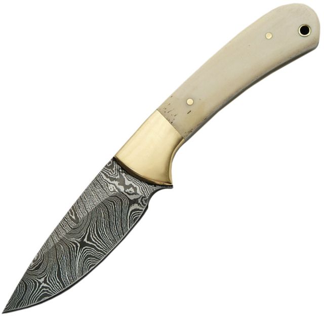 Damascus Small Skinner Bone Handle Fixed Blade Knife 3.25in Damascus Steel Standard Edge Natural Bone Handle - Damascus