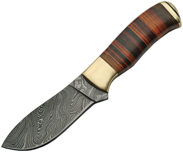 Damascus Stacked Leather Hunter Fixed Blade Knife 4in Damascus Steel Standard Edge Stacked Leather Handle