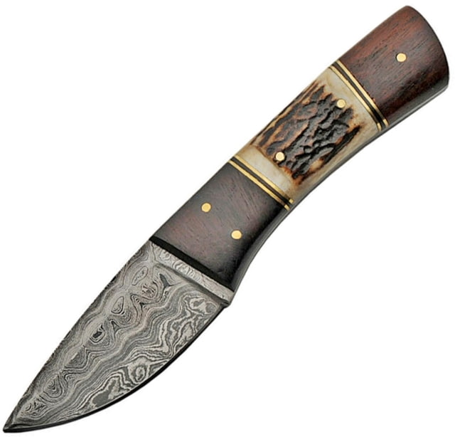 Damascus Stag and Wood Knife 8in Overall 3.5in Damascus Steel Blade Stag Bone And Wood Handle Brown Leather Sheath
