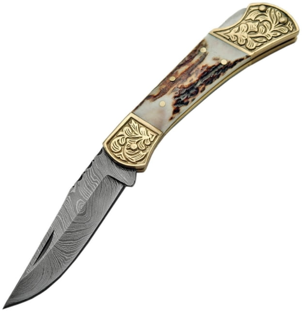 Damascus Stag Engraved Bolster Knife 3.25in Damascus Steel Clip Point Blade Stag Bone Handle Brass Bolster Scrollwork On Bolsters - Damascus
