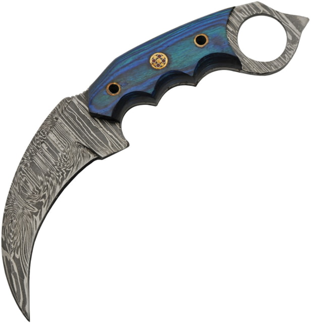Damascus Talon Karambit 3.75 in Fixed Blade Knife Blue pakkawood