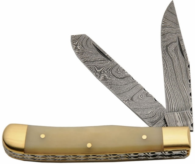 Damascus Trapper Natural Bone Folding Knife Damascus Steel Clip/ Spey Blades Natural Smooth Bone - Damascus