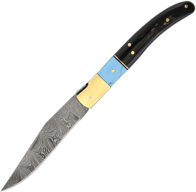 Damascus Turquoise And Horn Folder Folding Knife3.75inDamascus SteelStandard EdgeTurquoiseHorn Handle - Damascus