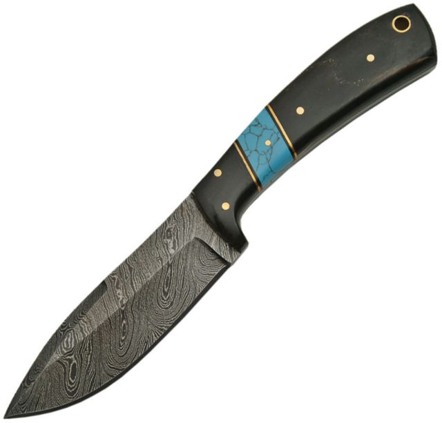 Damascus Turquoise and Horn Skinner Fixed Blade Knife 4in Damascus Steel Standard Edge Turquoise Horn Handle