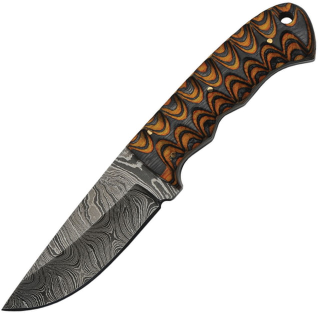 Damascus Twisted Wood Hunter Knife 3.5" Damascus steel blade Orange gray and brown sculpted wood handle - Damascus