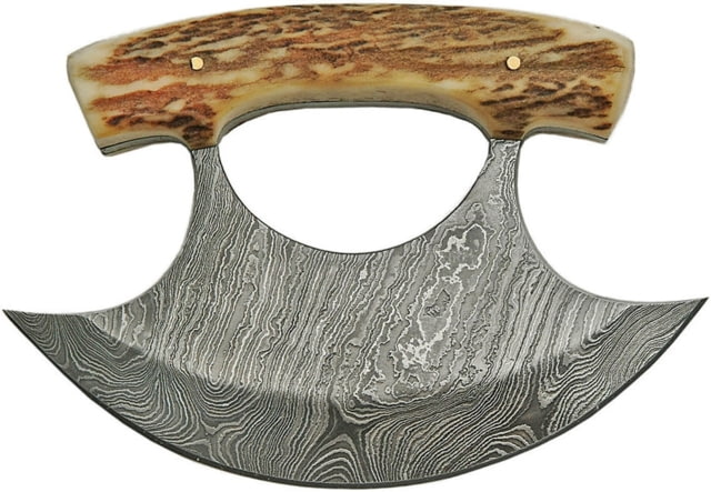 Damascus Ulu Knife 4.38in Handle 5.5in Damascus Steel Ulu Blade Stag Bone Handles Brown Leather Sheath