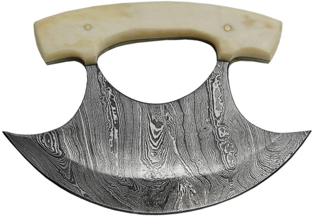 Damascus Ulu Knife 5.5in Damascus Steel Ulu Blade 4.5in Smooth Bone Handle Brown Leather Sheath Full Tang - Damascus