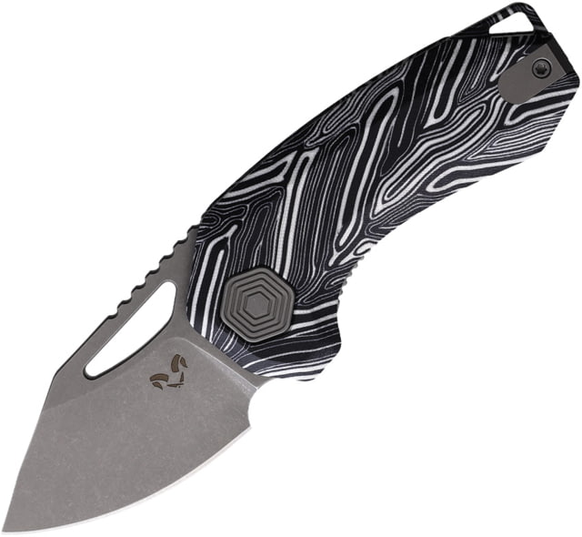 Damned Designs Anzu Damascus Folding Knife 3in Closed 2in Stonewash 14C28N Sandvik Drop Point Blade Black/White Damascus G10 Handle - Damned Designs