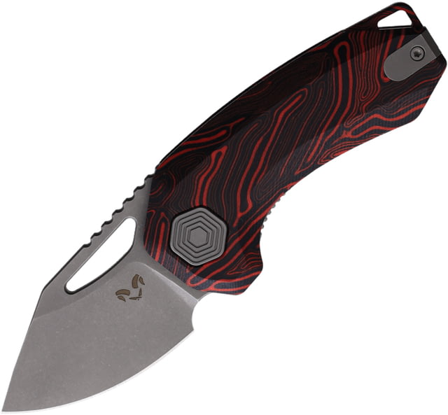Damned Designs Anzu Damascus G10 Folding Knife 3in Closed 2in Stonewash 14C28N Sandvik Drop Point Blade Black/Red Damascus G10 Handle - Damned Designs