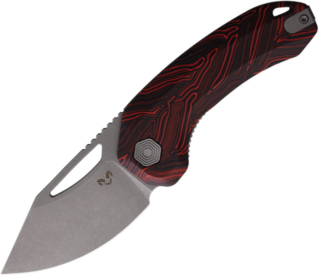 Damned Designs Anzu XL Damascus G10 Folding Knife 4.25in Closed 3in Stonewash 14C28N Sandvik Drop Point Blade Black/Red Damascus G10 Handle - Damned Designs