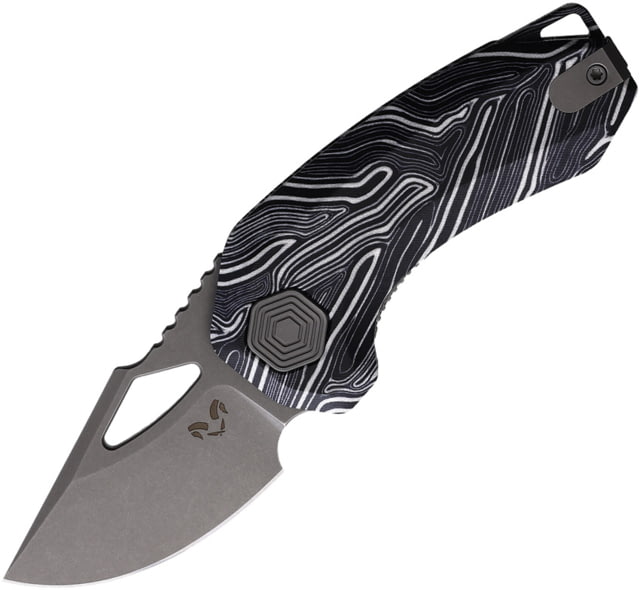 Damned Designs Djinn Damascus Folding Knife 3in Closed 2in Stonewash 14C28N Sandvik Skinner Blade Black/White Damascus G10 Handle - Damned Designs