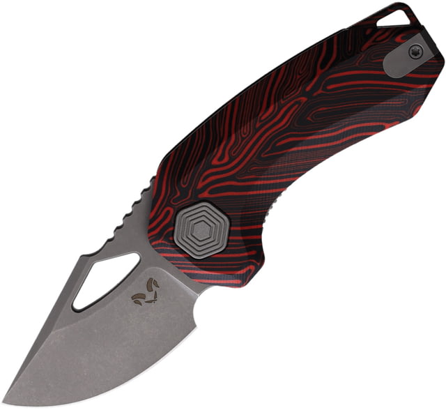Damned Designs Djinn Damascus G10 Folding Knife 3in Closed 2in Stonewash 14C28N Sandvik Skinner Blade Black/Red Damascus G10 Handle - Damned Designs