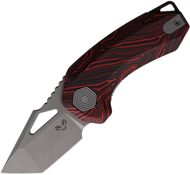 Damned Designs Oni Damascus G10 Folding Knife 3in Closed 2in Stonewash 14C28N Sandvik Stainless Tanto Blade Black/Red Damascus G10 Handle - Damned Designs