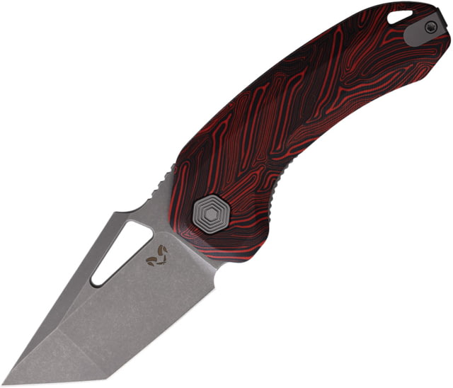 Damned Designs Oni XL Damascus G10 Folding Knife 4.25in Closed 3.25in Stonewash 14C28N Sandvik Tanto Blade Black/Red Damascus G10 Handle - Damned Designs