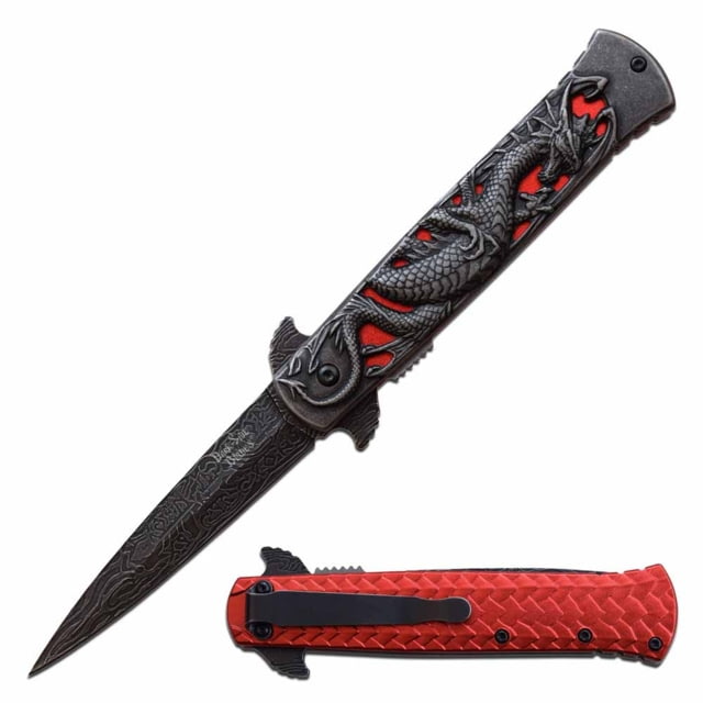 Dark Side Blades  Spring Assisted Knife 3.75in 3CR13 Stainless Steel Dagger Black Blade Stainless Steel Handle Stonewash/Red - Dark Side Blades