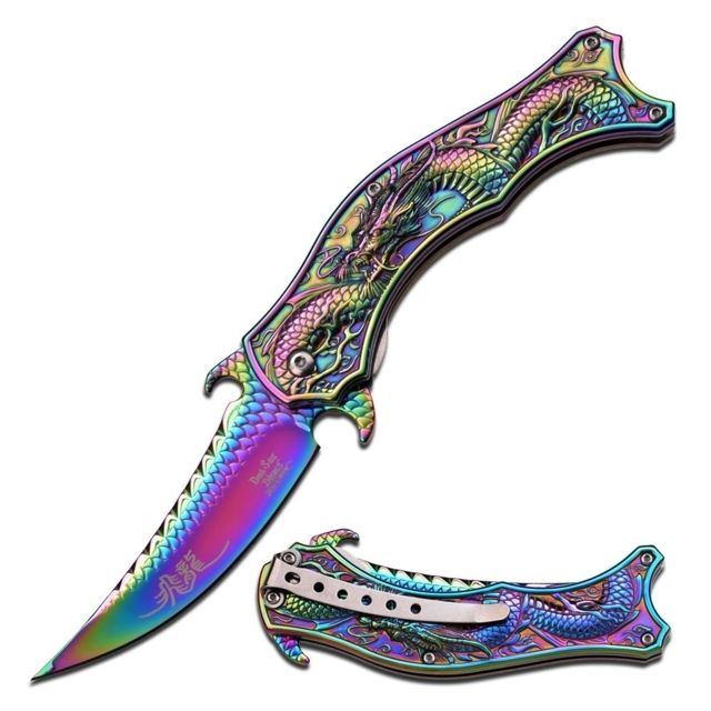 Dark Side Blades Folding Blade 4in Stainless Steel Blade Stainless Steel Rainbow Titanium Coated Mirror Handle - Dark Side Blades