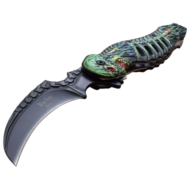 Dark Side Blades Spring Assisted Knife 375 in 3Cr13 Stainless Steel Stainless Steel Hawkbill Black/Green - Dark Side Blades