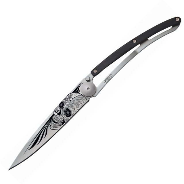 Deejo Biker Latino Skull 37g Folding Knife3.75inZ40C13 SteelGranadilla Wood Handle - Deejo