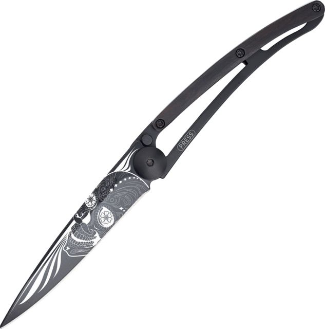 Deejo Black Tattoo Latino Skull 37g Folding Knife3.75inZ40C13 Steel Black TitaniumGranadilla Wood Handle - Deejo