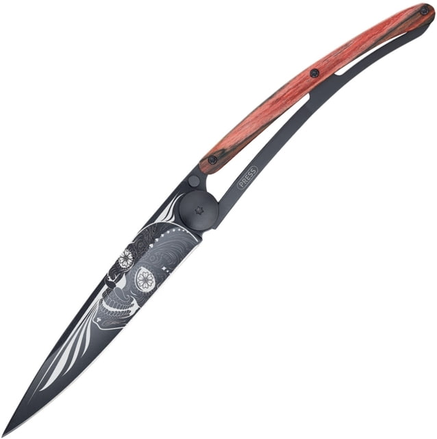 Deejo Tattoo 37g Latino Skull Folding Knife 3.75in Black Titanium Coated Z40C13 SS Blade Red Beech Wood Red - Deejo