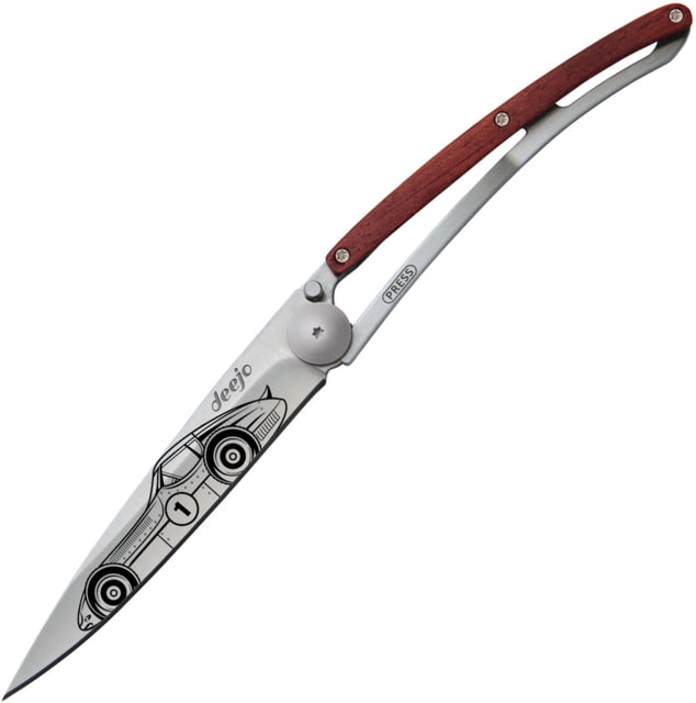 Deejo Tattoo Linerlock 37g Racing Folding Knife 3.75" satin finish Z40C13 stainless blade Coralwood handle with stainless back handle - Deejo