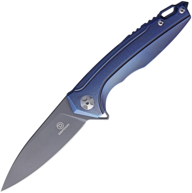 Defcon Framelock Folding Knife 3.75in Gray Titanium Coated S35Vn SS Blade Blue Stonewash Titanium Handle Pocket Clip Glass Breaker - Defcon