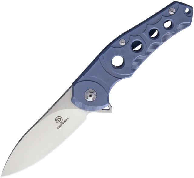 Defcon Framelock Folding Knife 3in Satin D2 Tool Steel Blade Blue Titanium Handle Pocket Clip - Defcon