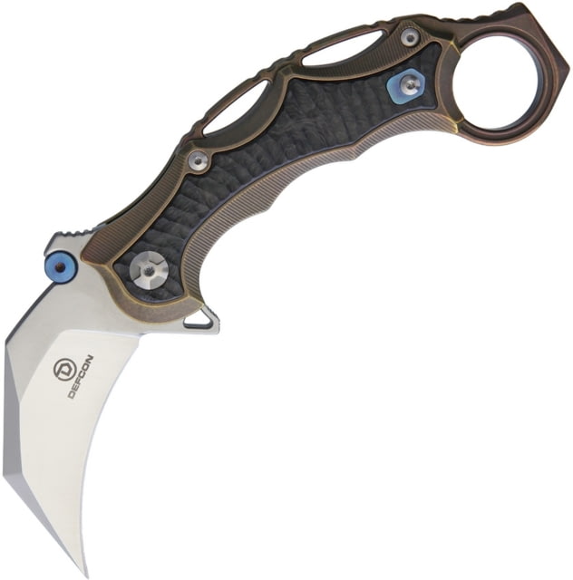 Defcon Framelock Folding Knife 3in Satin S35Vn SS Karambit Blade Bronze Titanium Handle Glass Breaker Finger Ring Pocket Clip Thumb Stud - Defcon