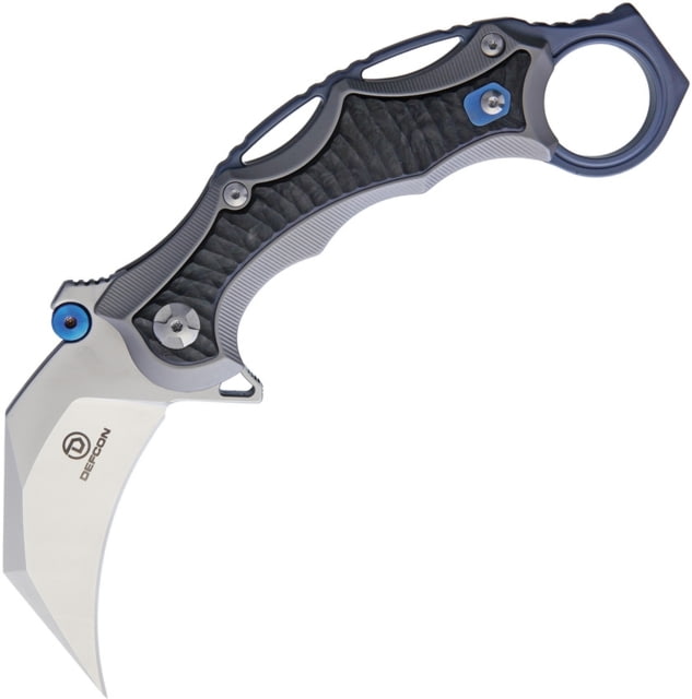 Defcon Framelock Folding Knife 3in Satin S35Vn SS Karambit Blade Gray Titanium Handle With Carbon Fiber Insert Finger Ring Glass Breaker Pocket Clip - Defcon