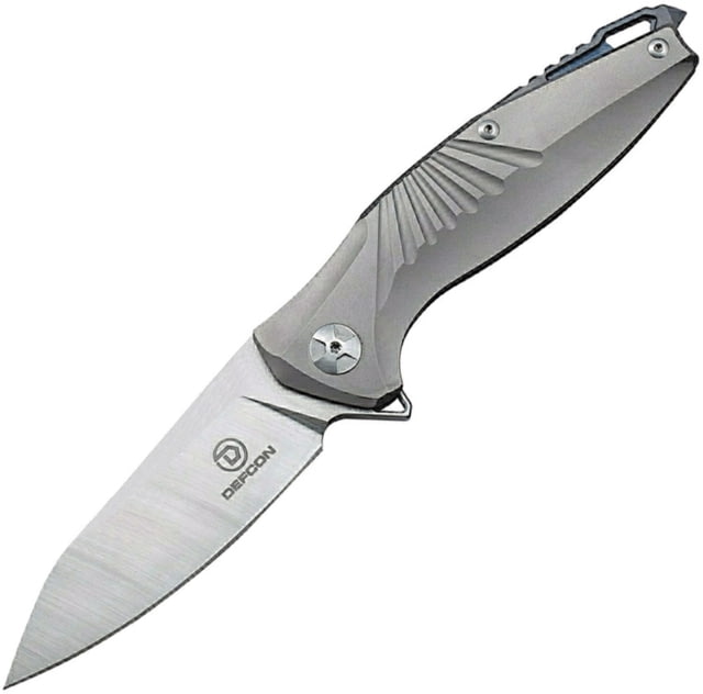 Defcon JK Mako Framelock Folding Knife 3.5in Cpm S35Vn SS Drop Point Gray Titanium Handle Pocket Clip Glass Breaker Stonewash And Satin Blade - Defcon