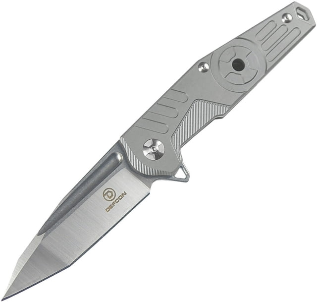 Defcon JK Radioactive Framelock Folding Knife 3.25in Satin D2 Tool Steel Tanto Blade Gray Titanium Handle Pocket Clip - Defcon