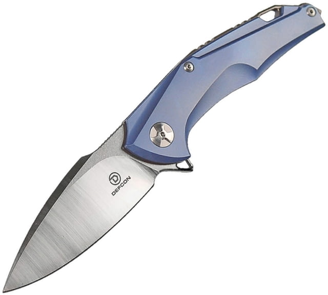 Defcon JK Sharkstooth Framelock Folding Knife 3.5in Cpm S35Vn SS Spear Point Blade Blue Titanium Handle Glass Breaker Pocket Clip Stonewash And Satin - Defcon