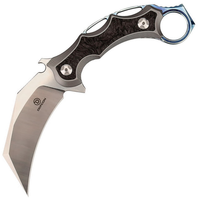 Defcon Jungle Knife Gray 3" satin finish D2 tool steel karambit blade Gray titanium handle with shredded carbon fiber in - Defcon