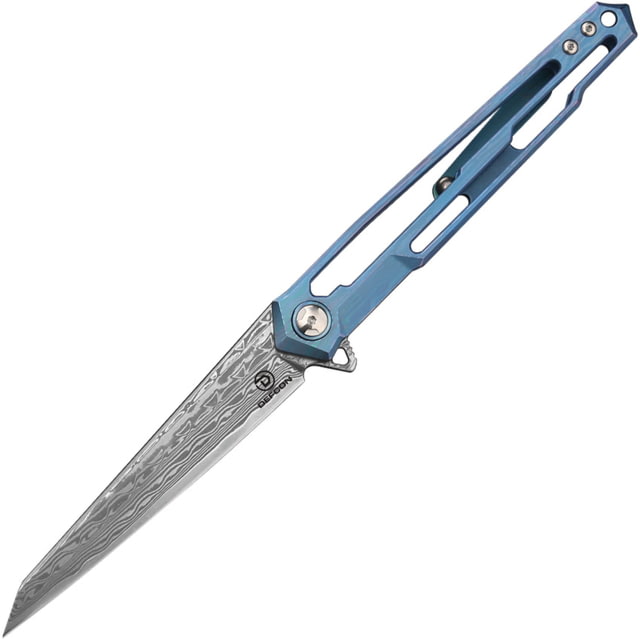 Defcon Peregrine Framelock Folding Knife 3.5" 10cr15CoMoV Damascus blade Blue titanium handle TF - Defcon