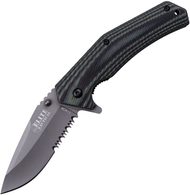 Elite Tactical Linerlock A/O Folding Knife 4.5in Closed 3.25in Gray Titanium Coated Partially Serrated 8Cr13Mov SS Drop Point Canvas Micarta - Elite Tactical