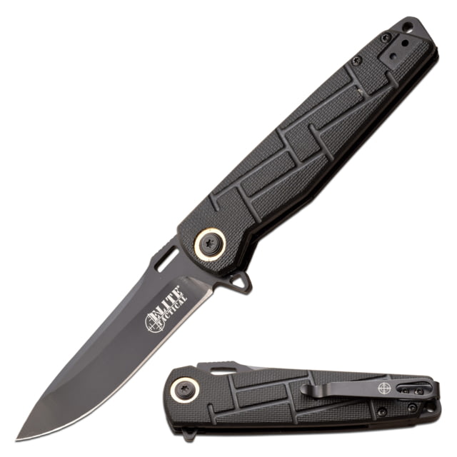 Elite Tactical Readiness Spring Assisted Knife 3.5 in 8Cr13 Stainless Steel Drop Point Not Serrated Black - Elite Tactical