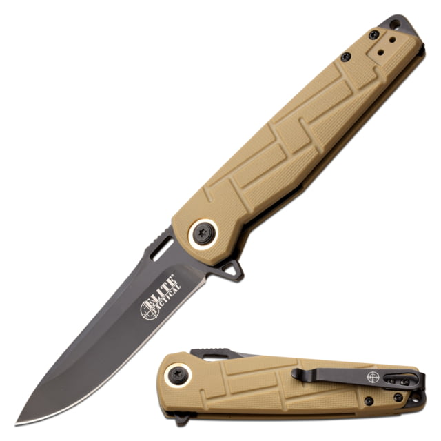 Elite Tactical Readiness Spring Assisted Knife 3.5 in 8Cr13 Stainless Steel Drop Point Not Serrated Tan - Elite Tactical