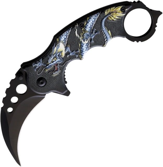 ElitEdge Blue Dragon Karambit A/O Folding Knife 5in Closed 2.75in Black Stainless Karambit Blade Black Synthetic Handle - Elitedge